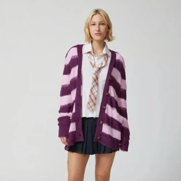 Urban Outfitters worn look distressed Stripe Cardigan Purple Pink Women's  Xs - Picture 4 of 16